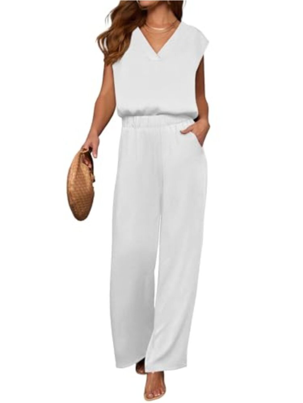2 Piece Lounge Set V Neck Cap Sleeve Wide Leg Pants Vacation Travel